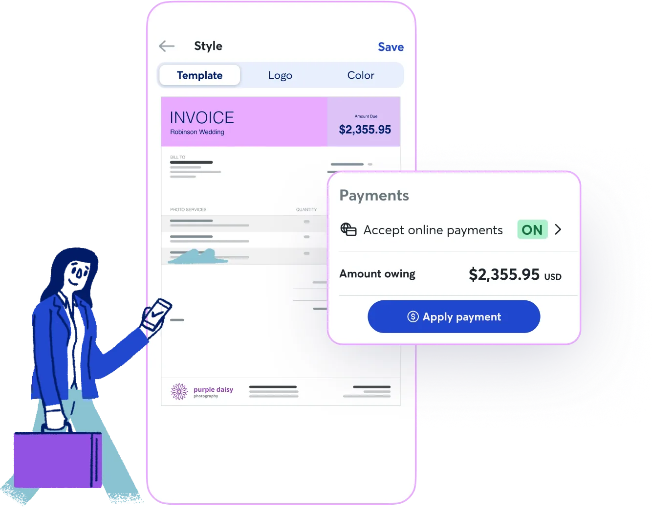 Invoice template showing an amount due with an option to accept online payments. A button labeled 'Apply payment' is displayed.